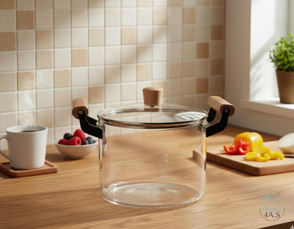 Extra Glass Stockpot with Lid, Clear Heat Resistant Borosilicate Glass, Wooden Handles, Dual Handles,5 L