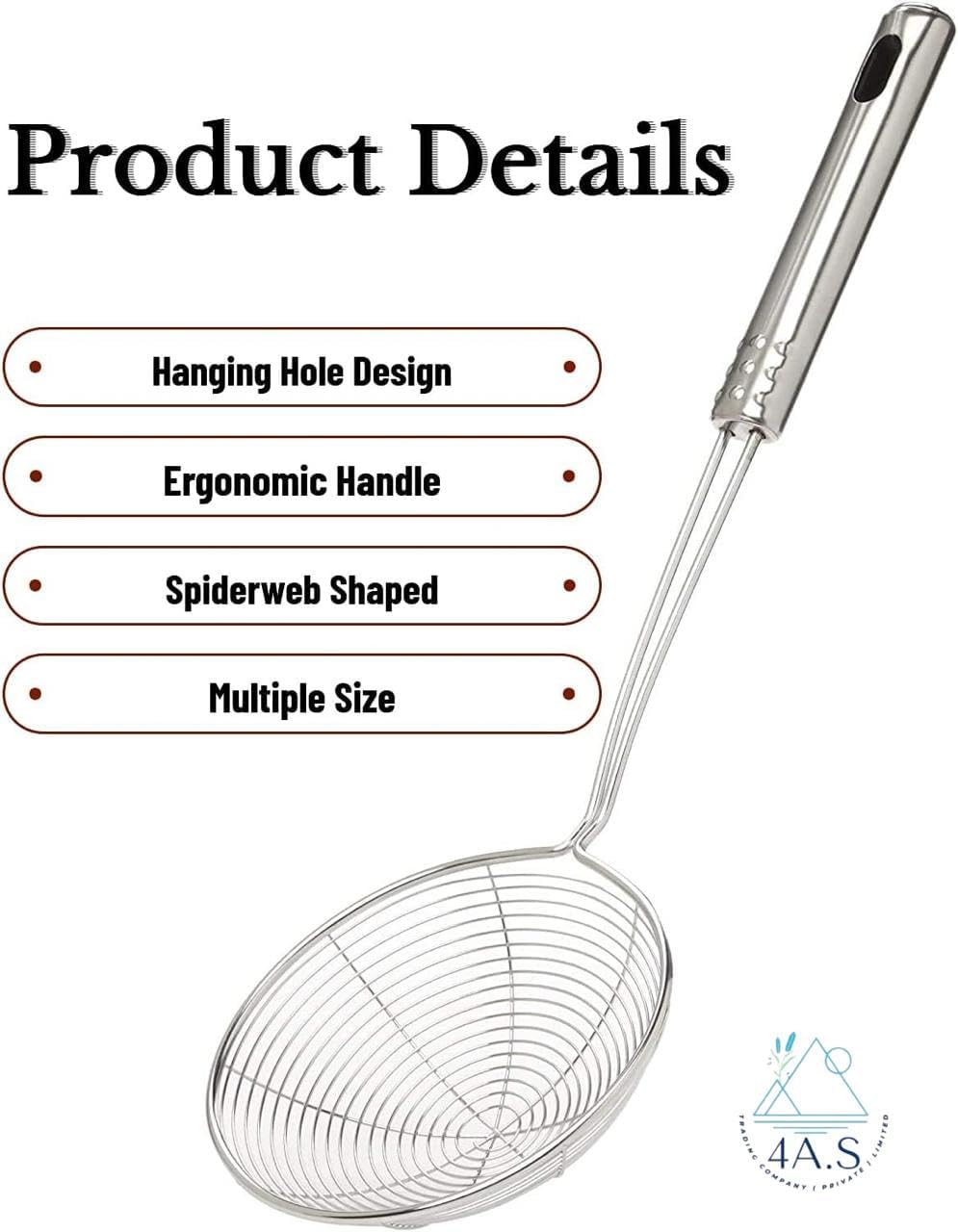 Spider Strainer Set, 3 Stainless Steel Mesh Skimmers with Long Handle, 4.7/5.5/6.3 Inch Diameter Spoons for Deep Frying, Pasta, Kitchen Cooking
