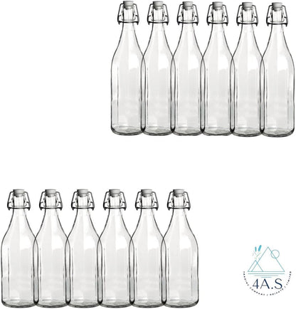 Premium 1 Liter Glass Bottles with Airtight Swing Top Lids – Pack of 12 Reusable Leak-Proof Clear Glass Water, Juice, Oil & Beverage Bottles for Kitchen, Fridge & Home Storage