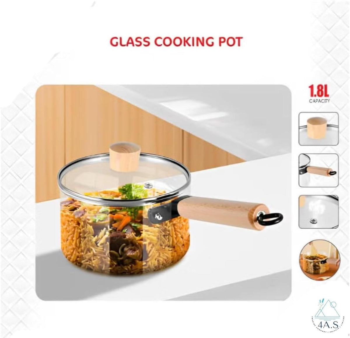 Glass Cooking Pot with Lid, 1.8L Capacity, Borosilicate Glass, Wooden Handle