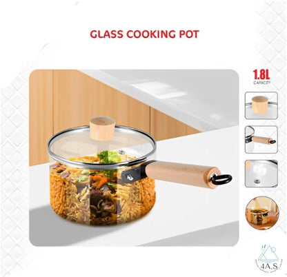 Glass Cooking Pot with Lid, 1.8L Capacity, Borosilicate Glass, Wooden Handle