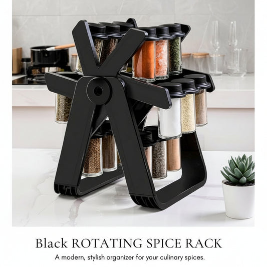 360-Degree Rotating Spice Rack – Modern Ferris Wheel Spice Organizer for Countertop – Space-Saving Kitchen Storage Includes 18 Glass Jars – Black Matte Finish