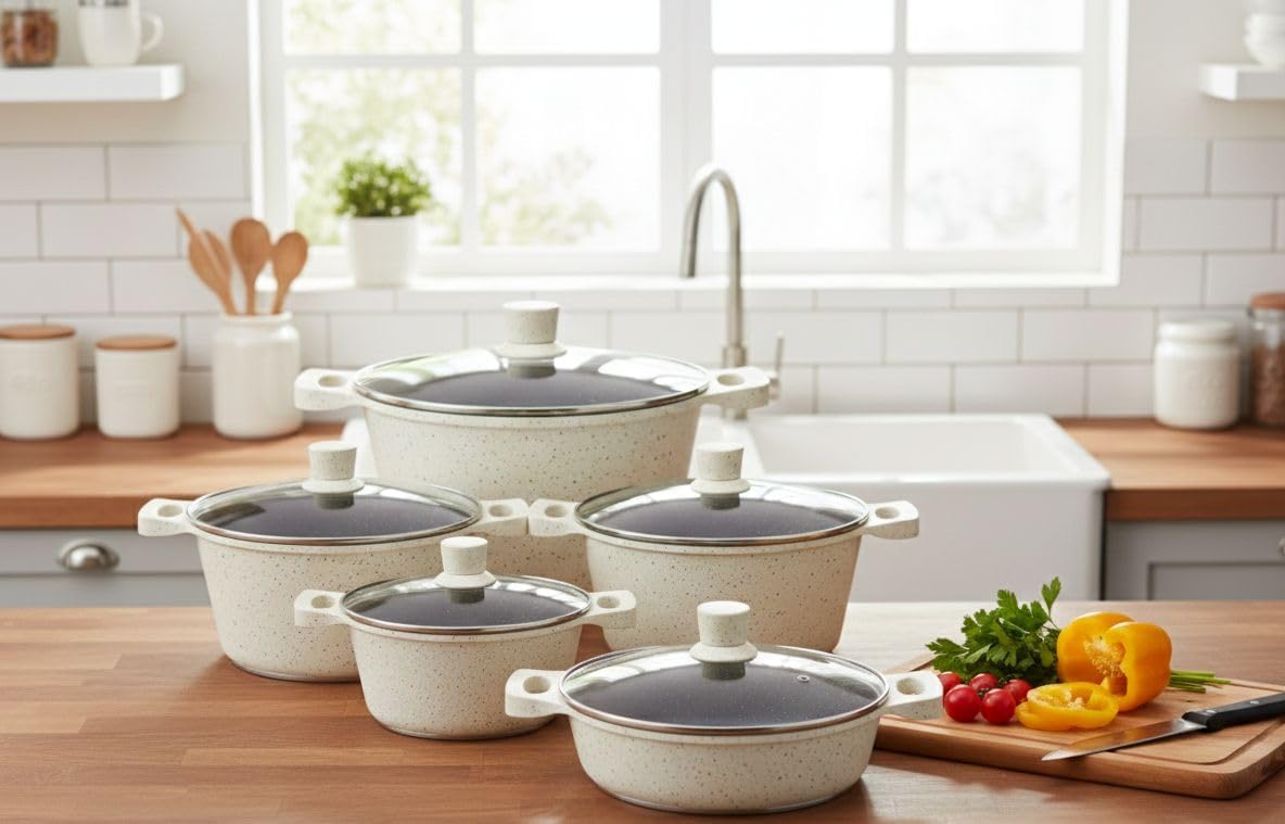 10 Piece Granite Non-Stick Cookware Set with Glass Lids, Cream Speckled Granite Finish
