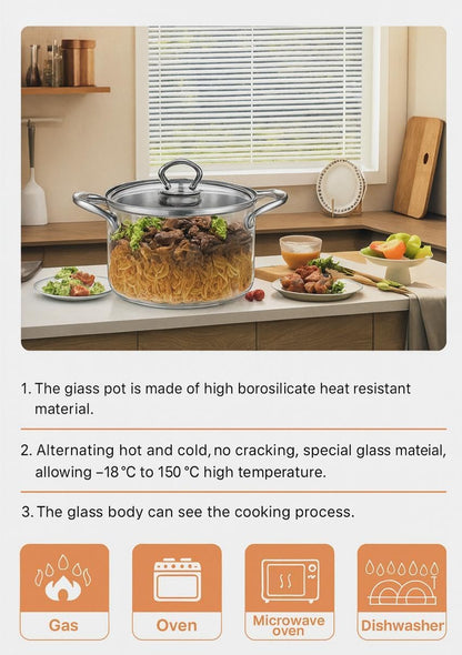 High Borosilicate Glass Cooking Pot with Lid, 3.5L, Clear