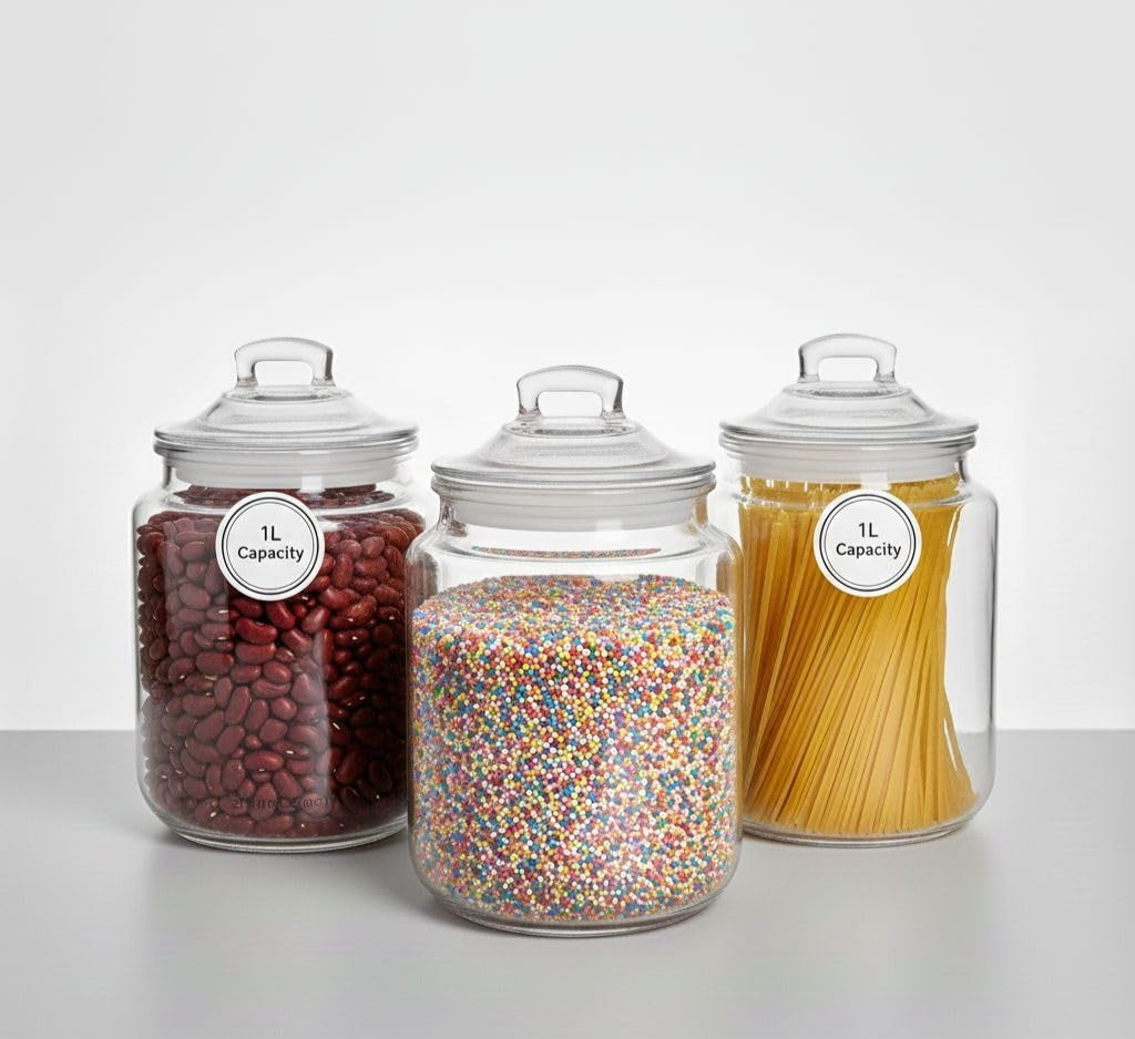 Clear Glass Storage Jars with Airtight Lids – Set of 3| 1 litres each,Ideal for Kitchen & Pantry Organization