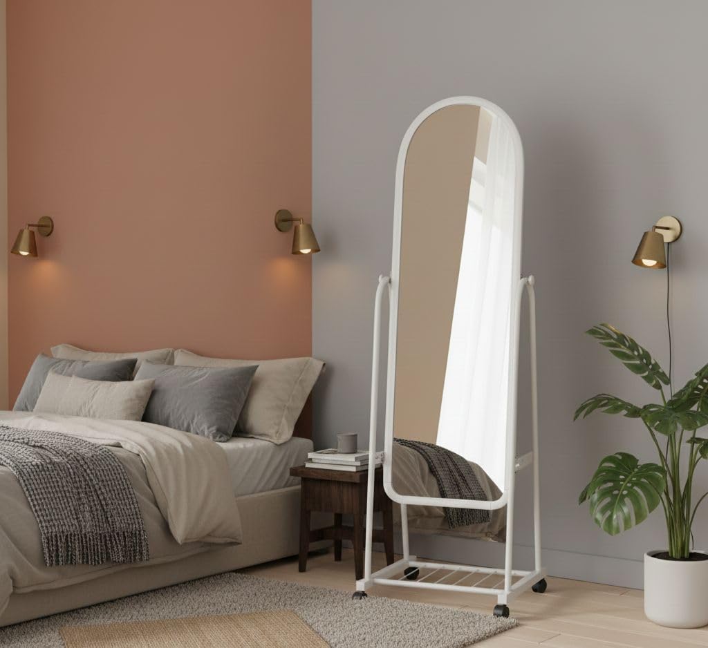 Full Length Standing Mirror with Wheels, White Metal Frame, Arched Top, Mobile Floor Mirror with Storage Shelf,