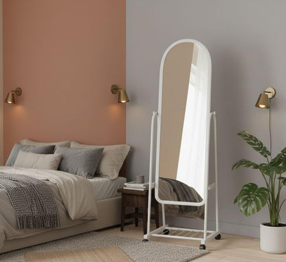 Full Length Standing Mirror with Wheels, White Metal Frame, Arched Top, Mobile Floor Mirror with Storage Shelf,