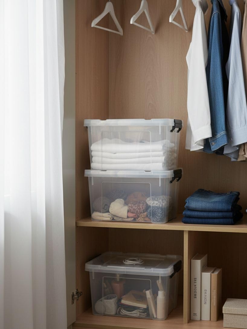 Premium Storage Boxes with Lids, Clear Plastic, 6 Litre Capacity, Pack of 3