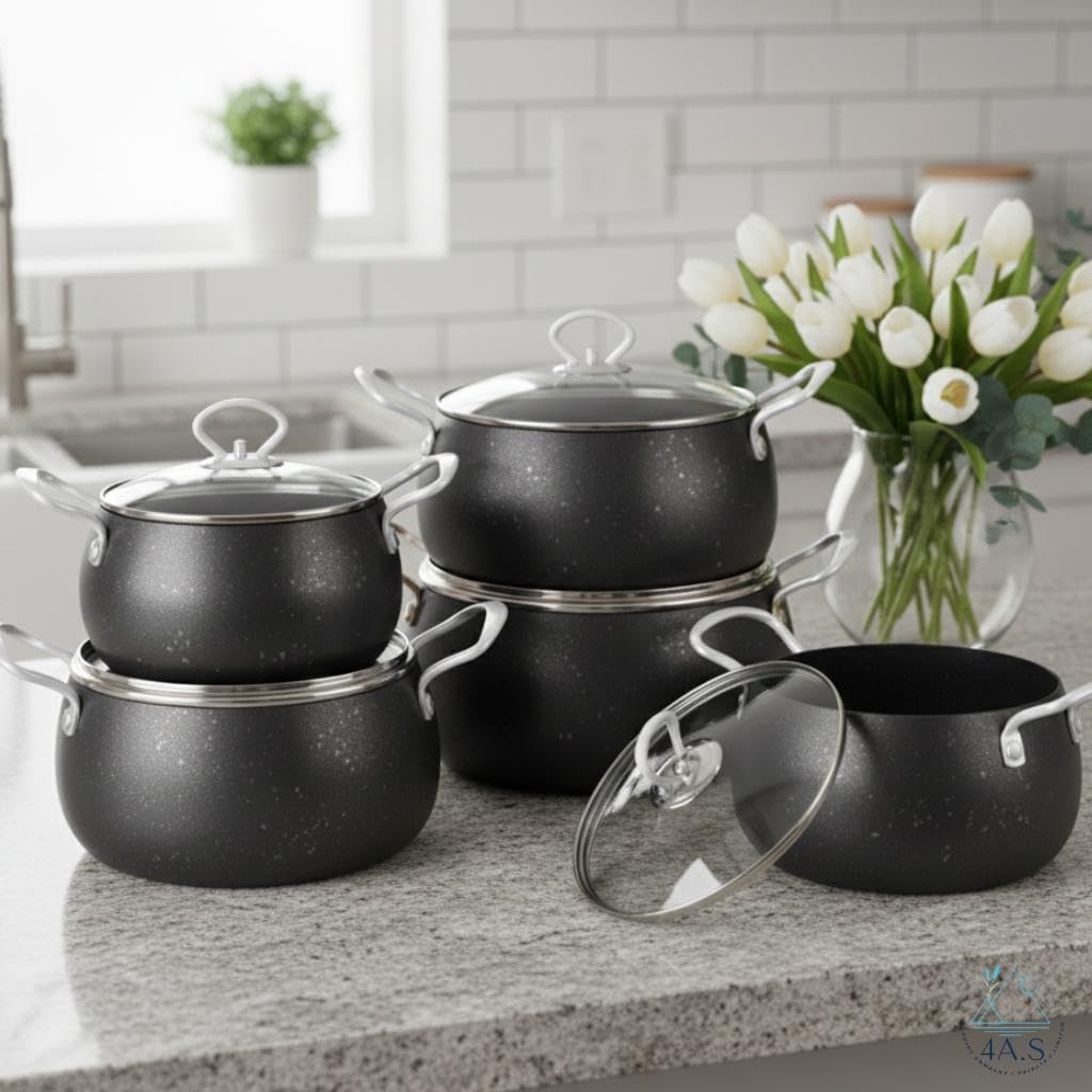 10-Piece Non-Stick Cookware Set, Die-Cast Aluminium with Tempered Glass Lids, Granite Finish, Cool-Touch Handles