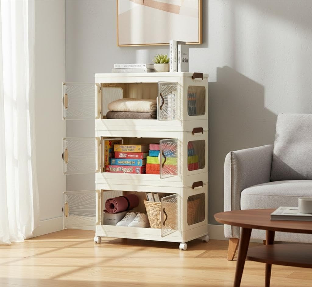 3-Tier Stackable Plastic Storage Organizer with Double Front Magnetic Doors, Large Collapsible  Storage Cabinet,66 * 40 * 25