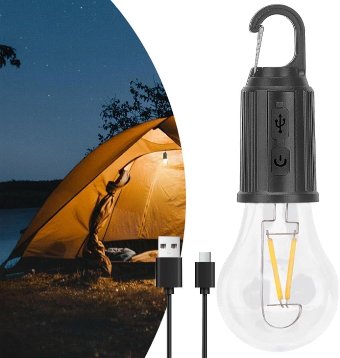 USB Type-C Rechargeable Camping Lamp, Warm Light, Portable LED Bulb with Carabiner Hook, Outdoor Tent Light