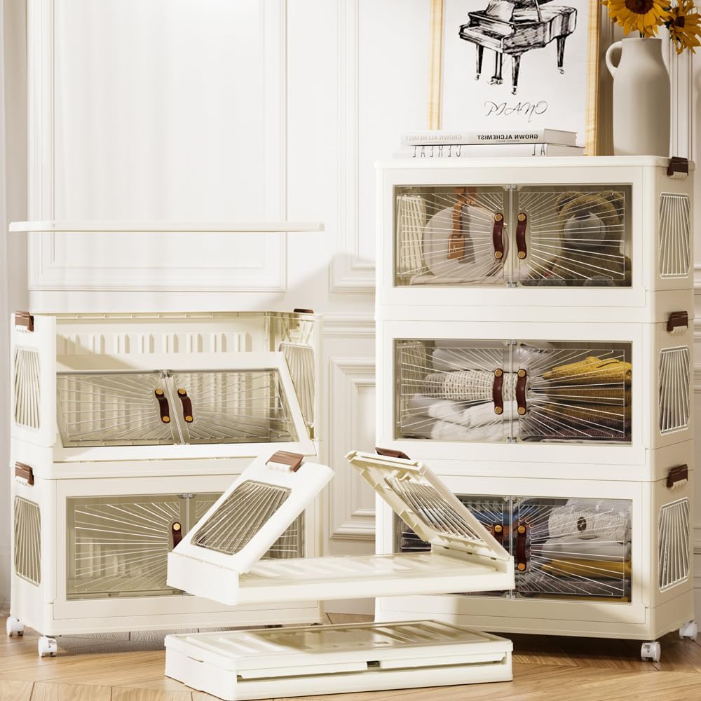 3-Tier Stackable Plastic Storage Organizer with Double Front Magnetic Doors, Large Collapsible  Storage Cabinet,66 * 40 * 25