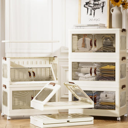 3-Tier Stackable Plastic Storage Organizer with Double Front Magnetic Doors, Large Collapsible  Storage Cabinet,66 * 40 * 25