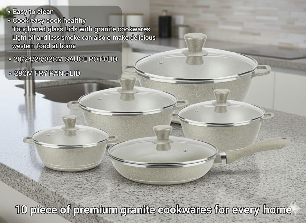 Premium Granite Cookware Set, 10 Pieces, Black, Non-stick with Toughened Glass Lids, 20/24/28/32cm Sauce Pots and 28cm Fry Pan,Beige