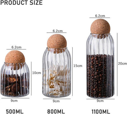 Premium Quality Glass Storage Jars with Cork Lids, Borosilicate Glass Canisters, Ribbed Design, Set of 3 (500ml, 800ml, 1100ml),