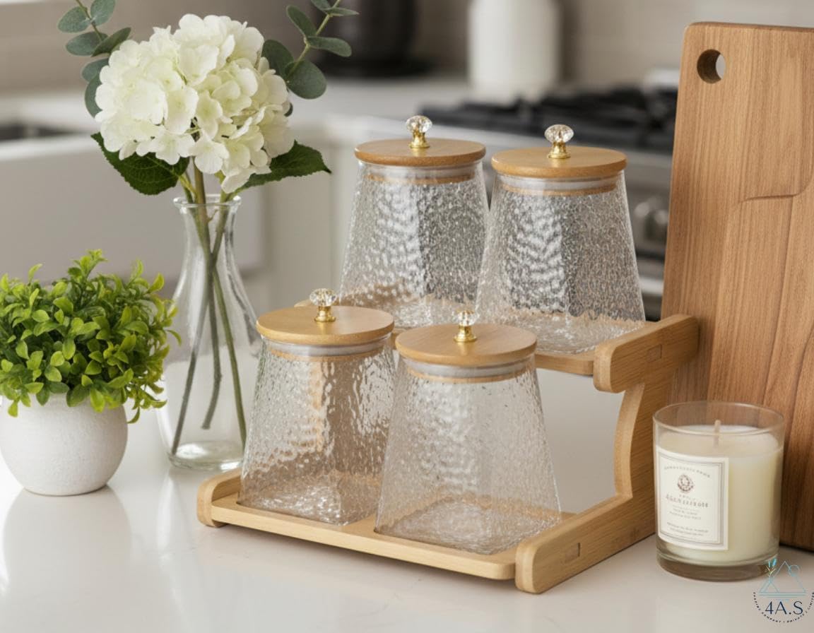 Glass Storage Jar with Wooden Lid and 2-Tier Wooden Holder, Airtight Container, Kitchen Counter Organizer,750 ML