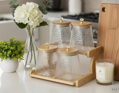 Glass Storage Jar with Wooden Lid and 2-Tier Wooden Holder, Airtight Container, Kitchen Counter Organizer,750 ML