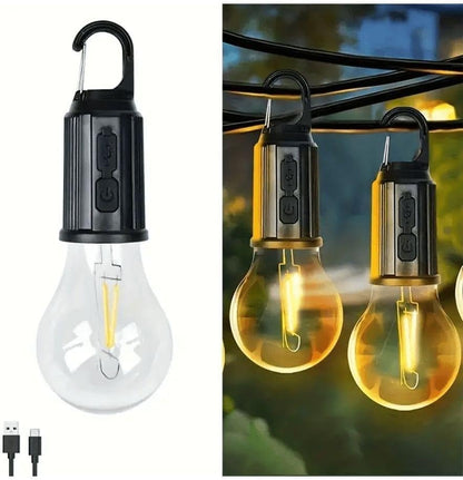 USB Type-C Rechargeable Camping Lamp, Warm Light, Portable LED Bulb with Carabiner Hook, Outdoor Tent Light