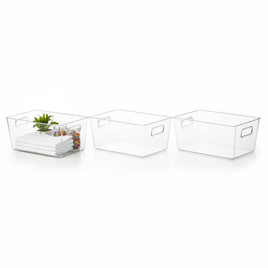 Medium Storage Box Storage Bin Toy Basket Food Storage Container PE Texture Organize Storage Basket Organizer with Handle Kitchen Home Office Closet Cloth Kid Room Nursery Transparent*3PCS/SET