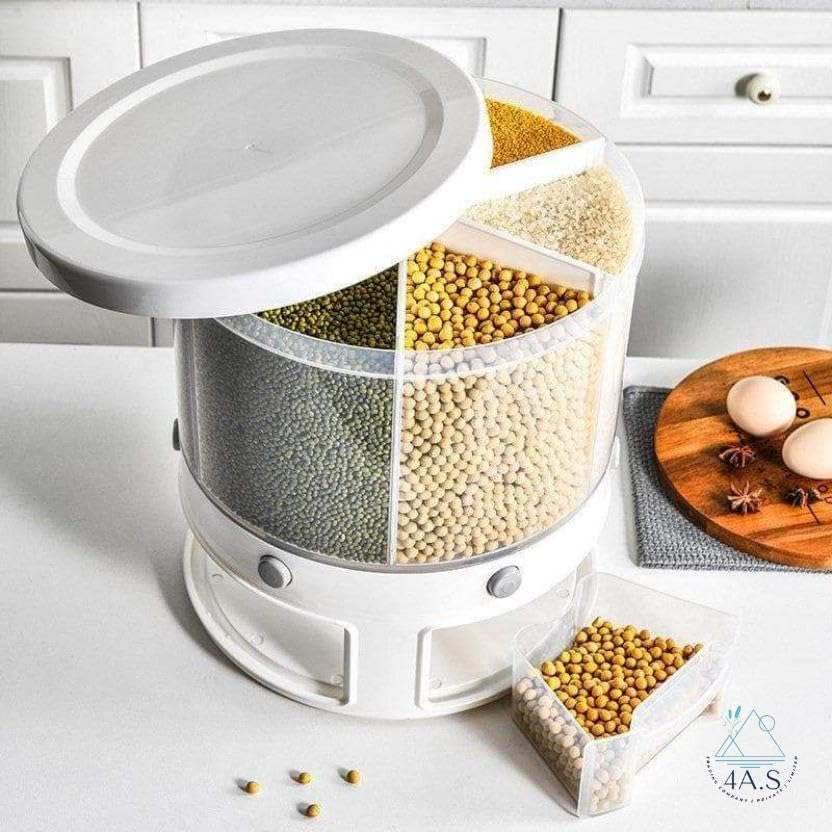 Rotating Food Storage Container, White, Multi-Compartment Grain Dispenser 5 Compartments