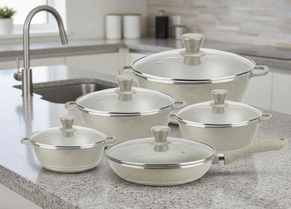 Premium Granite Cookware Set, 10 Pieces, Black, Non-stick with Toughened Glass Lids, 20/24/28/32cm Sauce Pots and 28cm Fry Pan,Beige