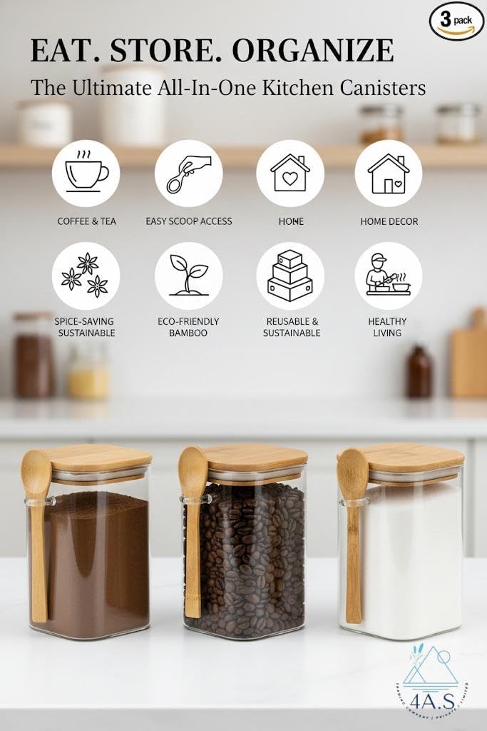 Set of 3 Square Glass Canisters with Bamboo Lids Tea,Spices-350 ml