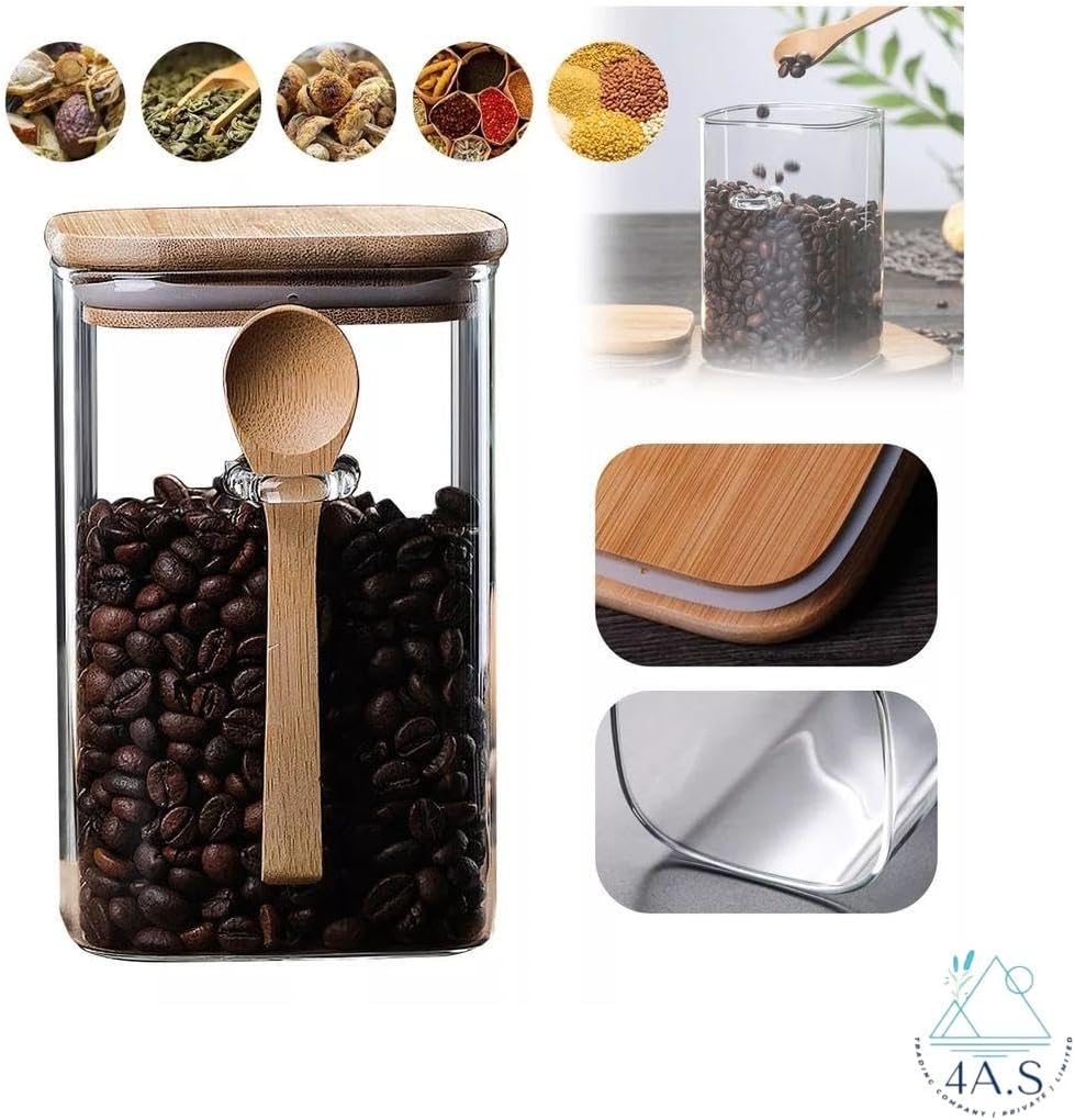 Set of 3 Square Glass Canisters with Bamboo Lids Tea,Spices-350 ml