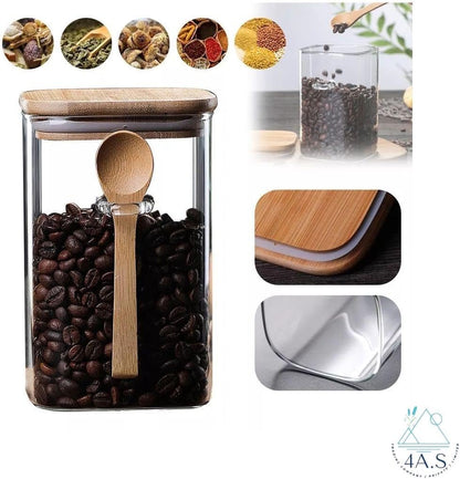Set of 3 Square Glass Canisters with Bamboo Lids Tea,Spices-350 ml