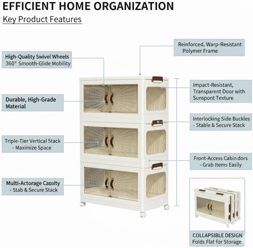 3-Tier Stackable Plastic Storage Organizer with Double Front Magnetic Doors, Large Collapsible  Storage Cabinet,66 * 40 * 25