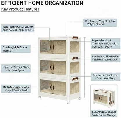 3-Tier Stackable Plastic Storage Organizer with Double Front Magnetic Doors, Large Collapsible  Storage Cabinet,66 * 40 * 25