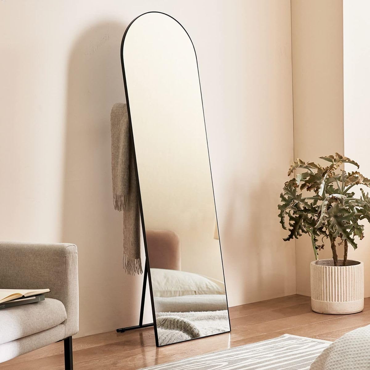 Luxury Full Length Standing Mirror, Arched Top, Black Metal Frame, 167cm x 55.5cm, Floor Mirror with Stand
