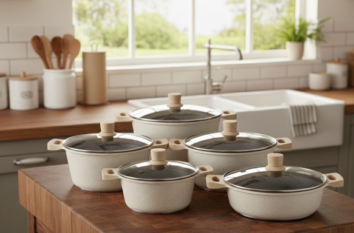10 Piece Granite Non-Stick Cookware Set with Glass Lids, Cream Speckled Granite Finish