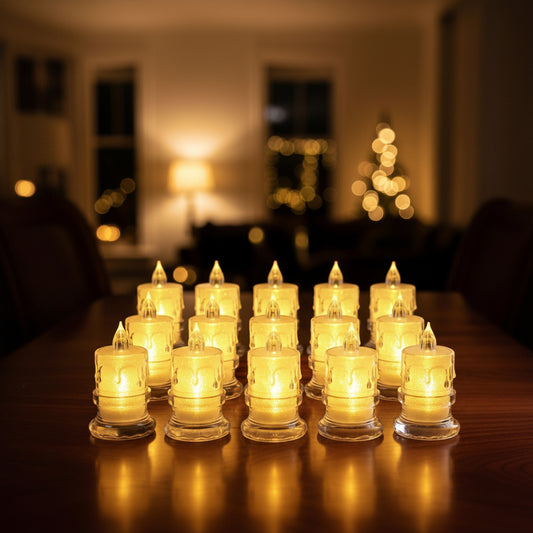 LED Flameless Tealight Candles, Smokeless, Battery Operated, Warm Yellow Light, Clear Drip Design, 12 Pieces Set
