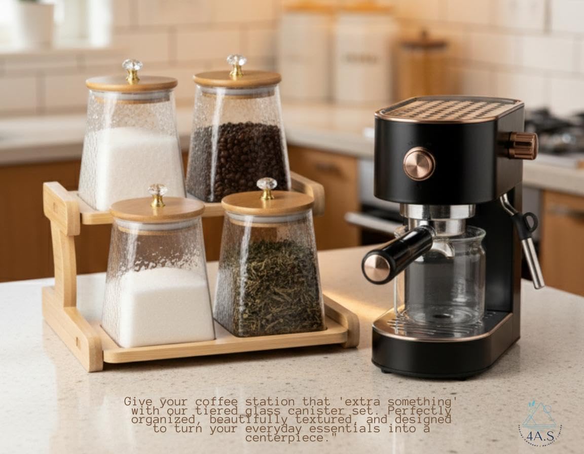 Glass Storage Jar with Wooden Lid and 2-Tier Wooden Holder, Airtight Container, Kitchen Counter Organizer,750 ML