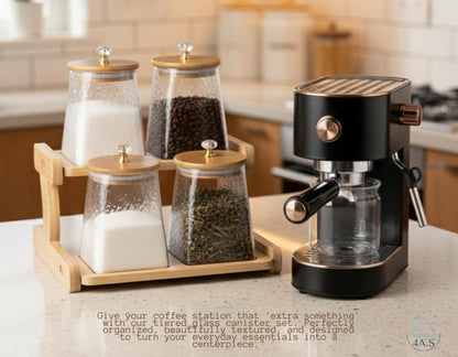 Glass Storage Jar with Wooden Lid and 2-Tier Wooden Holder, Airtight Container, Kitchen Counter Organizer,750 ML