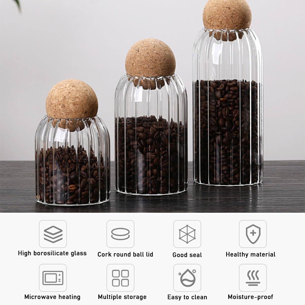 Premium Quality Glass Storage Jars with Cork Lids, Borosilicate Glass Canisters, Ribbed Design, Set of 3 (500ml, 800ml, 1100ml),