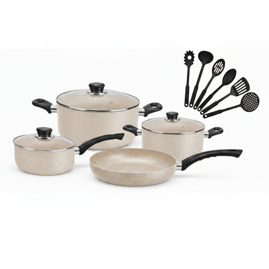 13-Piece Cookware Set, Black Granite, Non-Stick, PFOA-Free, with Tempered Glass Lids and 6 Cooking Tools,Beige