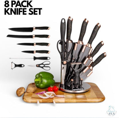 Knife Set with Rotating Stand, 8 Piece, Black and Rose Gold, Sharpening Steel