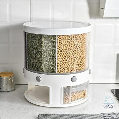 Rotating Food Storage Container, White, Multi-Compartment Grain Dispenser 5 Compartments