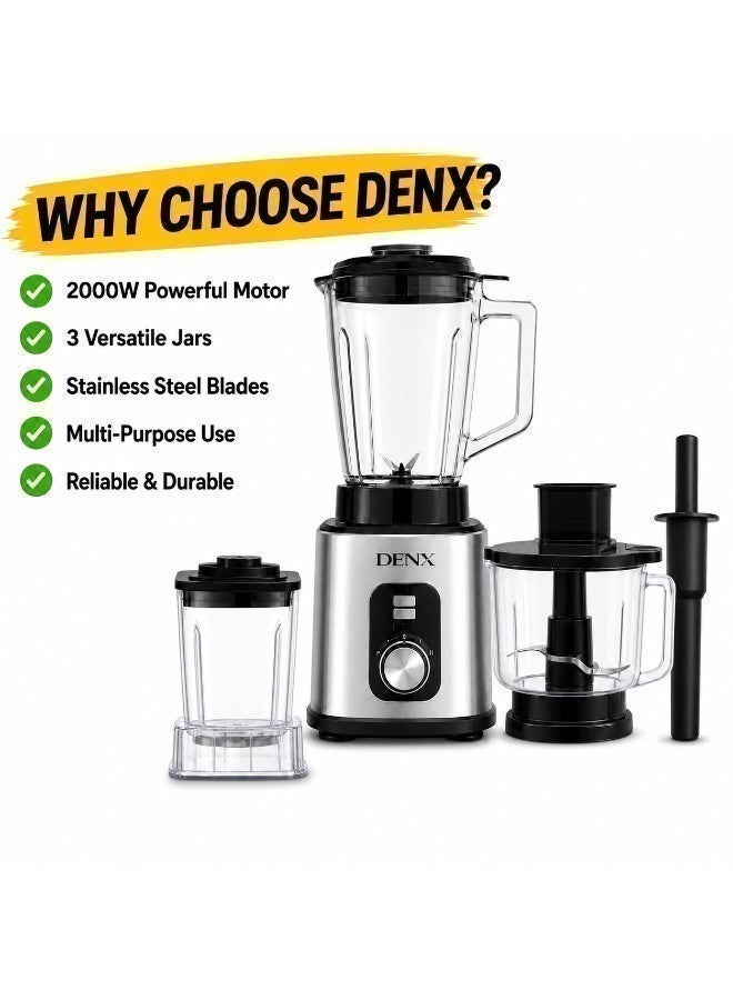 DENX 2000W 3-in-1 Heavy Duty Blender with 3L Jar + Grinder + Meat Mincer, High Speed Multi Function Kitchen Mixer, Smoothie Maker,Juicer, Food Processor for Home & Commercial Use