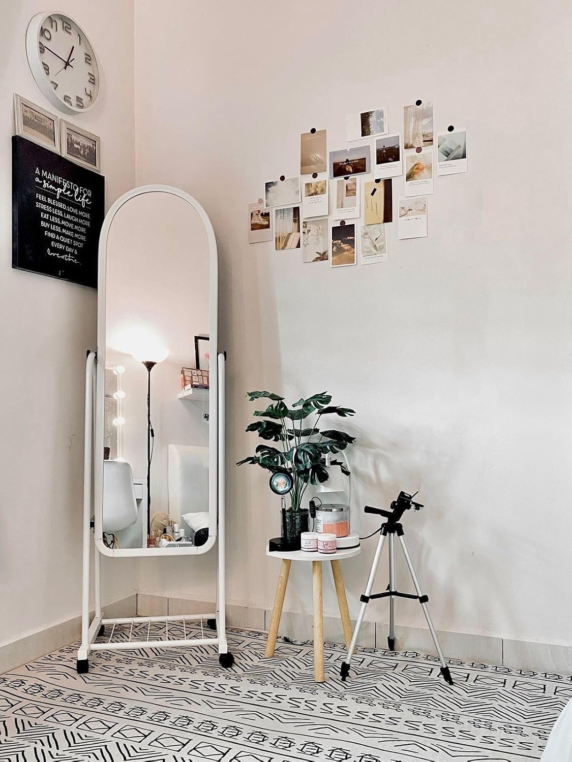 Full Length Standing Mirror with Wheels, White Metal Frame, Arched Top, Mobile Floor Mirror with Storage Shelf,