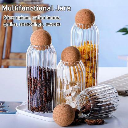 Premium Quality Glass Storage Jars with Cork Lids, Borosilicate Glass Canisters, Ribbed Design, Set of 3 (500ml, 800ml, 1100ml),