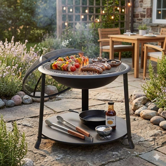 Outdoor Fire Pit with Grill, Black Metal, Round Bowl with Mesh Screen,for camping 55 * 60 cm