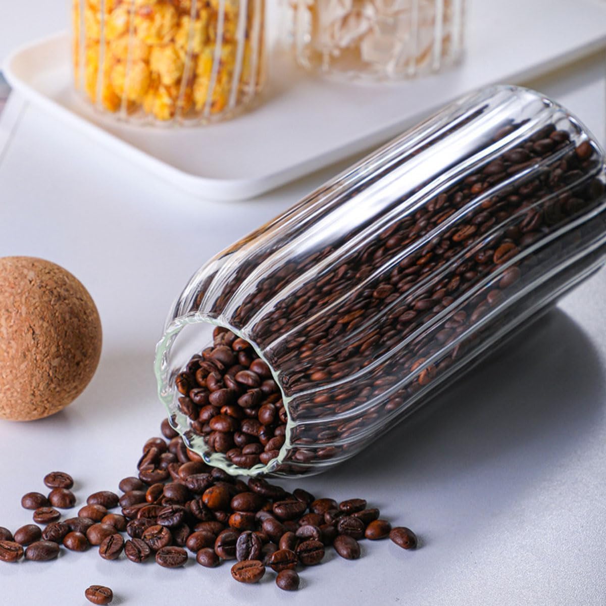 Premium Quality Glass Storage Jars with Cork Lids, Borosilicate Glass Canisters, Ribbed Design, Set of 3 (500ml, 800ml, 1100ml),