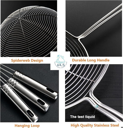 Spider Strainer Set, 3 Stainless Steel Mesh Skimmers with Long Handle, 4.7/5.5/6.3 Inch Diameter Spoons for Deep Frying, Pasta, Kitchen Cooking