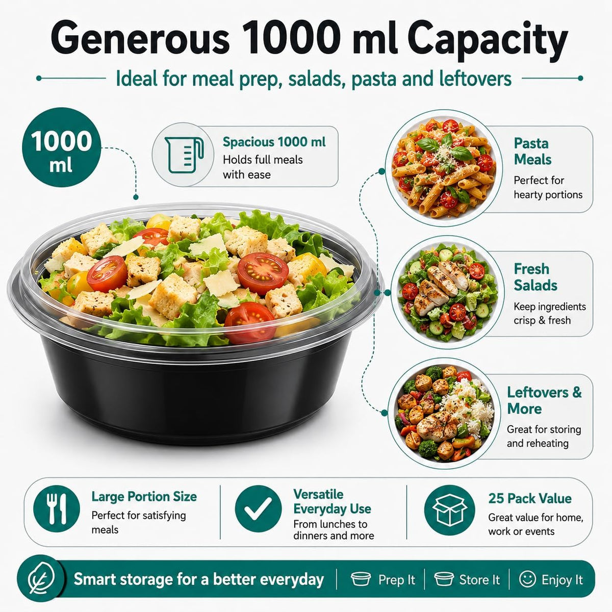 Pack of 25 Round Meal Prep Boxes with Lid, 1000 ml,
