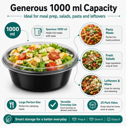 Pack of 25 Round Meal Prep Boxes with Lid, 1000 ml,