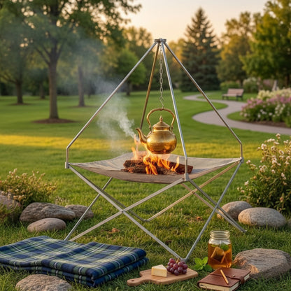 Portable Outdoor Fire Pit, Foldable Frame with Hanging Hook, 42cm x 42cm x 34cm, Camping Cooking Tripod Stand