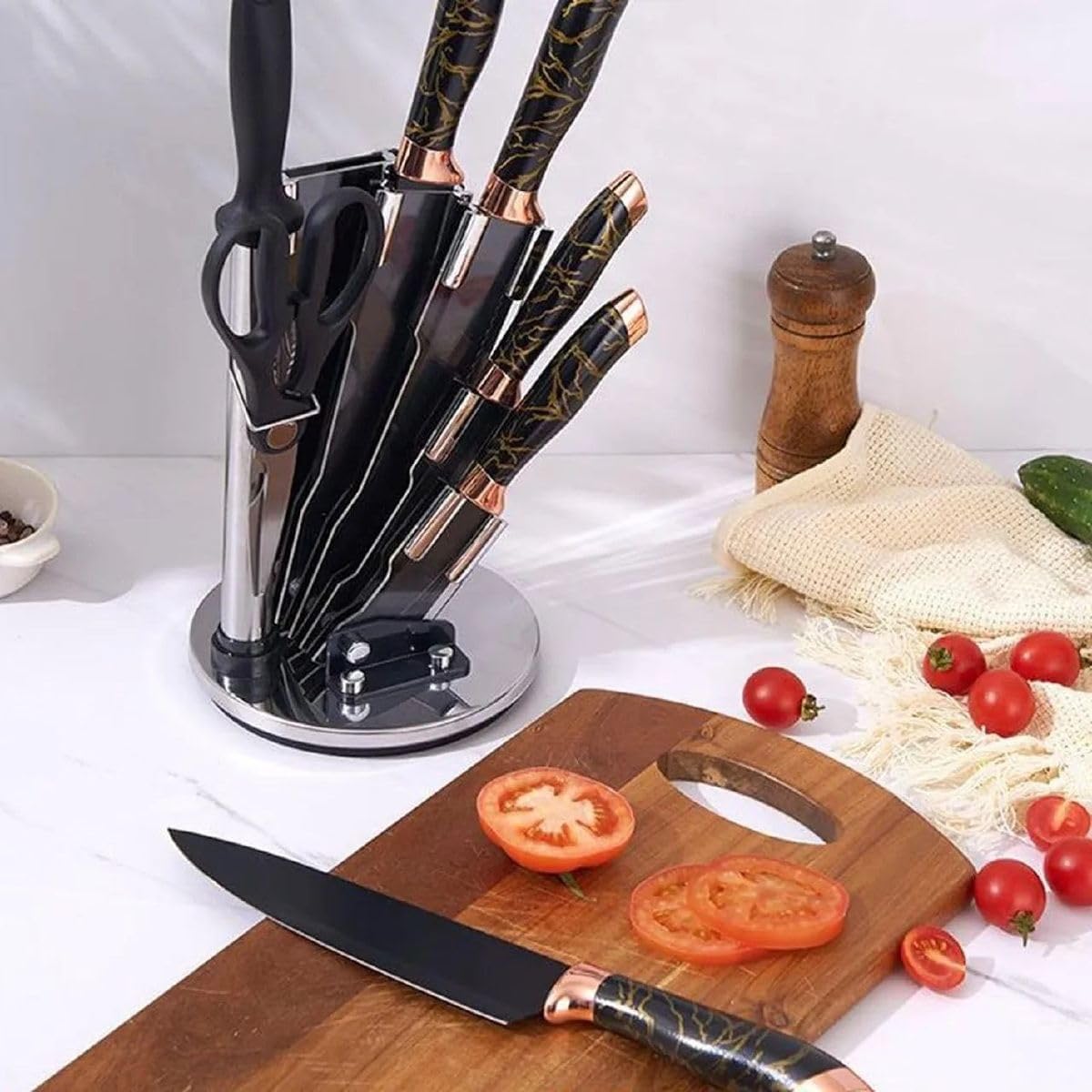 Knife Set with Rotating Stand, 8 Piece, Black and Rose Gold, Sharpening Steel
