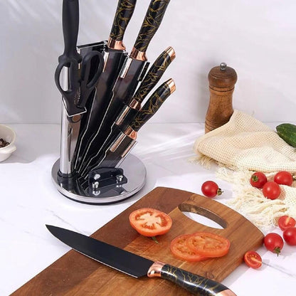 Knife Set with Rotating Stand, 8 Piece, Black and Rose Gold, Sharpening Steel